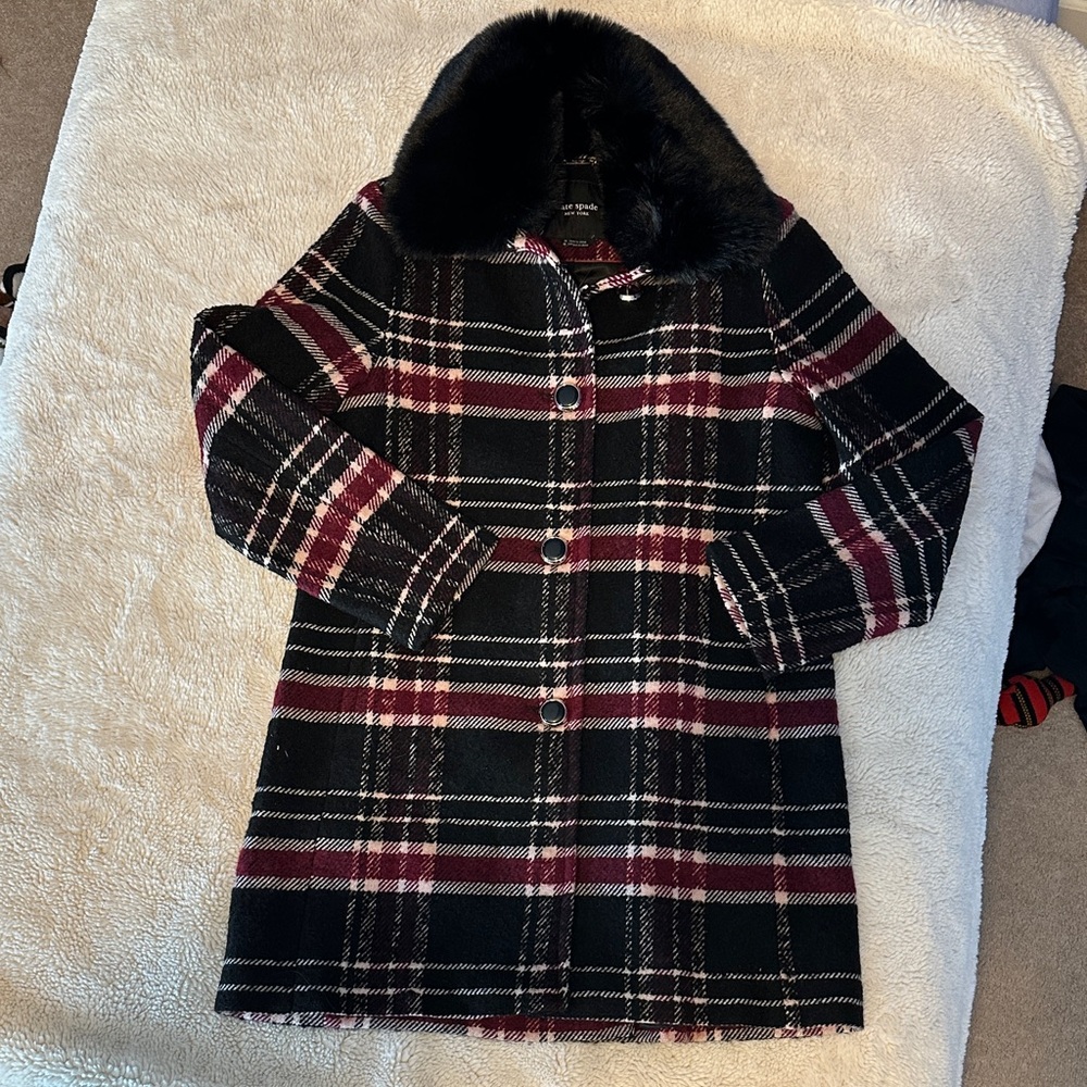 Plaid Coat with Faux Fur Collar